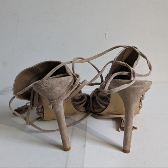 Lord & Taylor Fran Taupe Suede Lace Up Tassel Heels - Picture 4 of 8